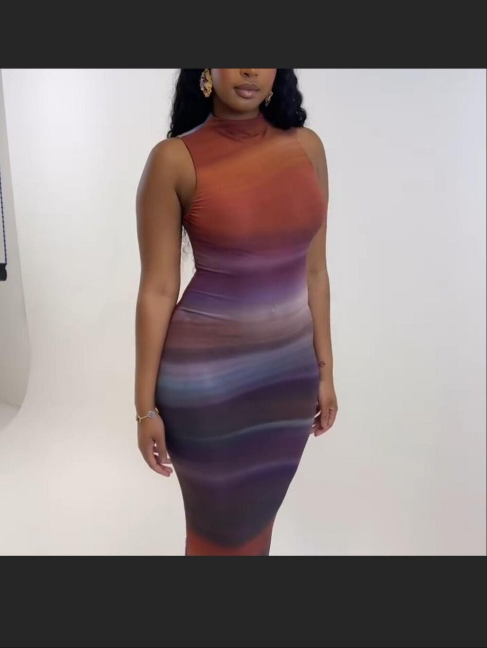 Farai London Sunset Sleeveless Ombre Midi Dress in Rust and Purple
